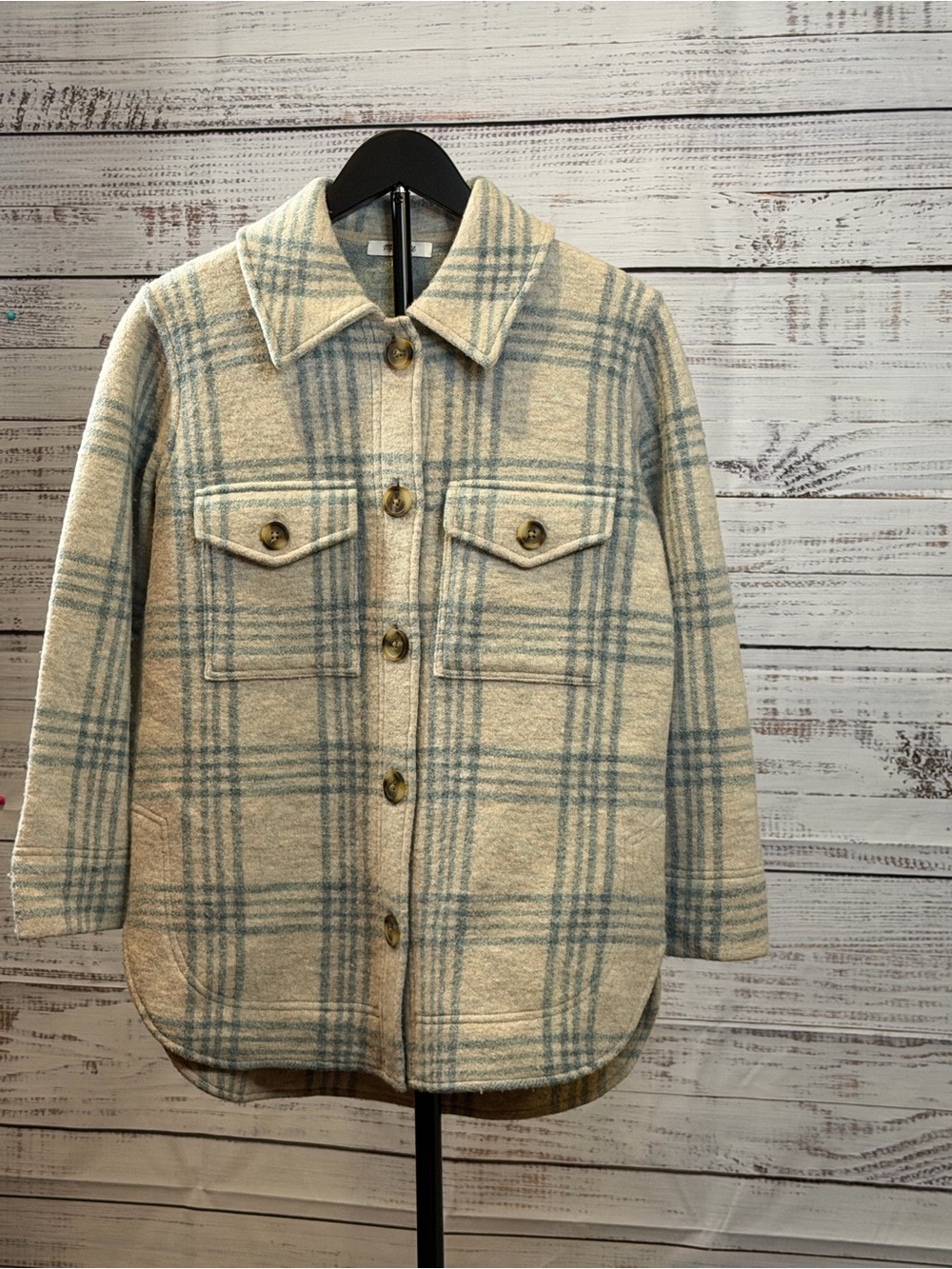 Plaid Button-Up Jacket in Cream and Light Blue
